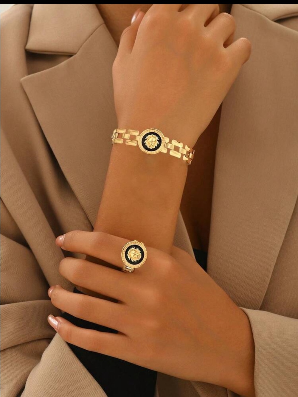 Gold-tone Medallion Ring and Bracelet Set with Black Accent
